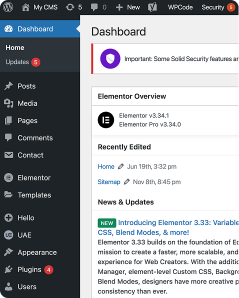 Screenshot of a WordPress dashboard displaying updates, Elementor version details, and a notification about new features.
