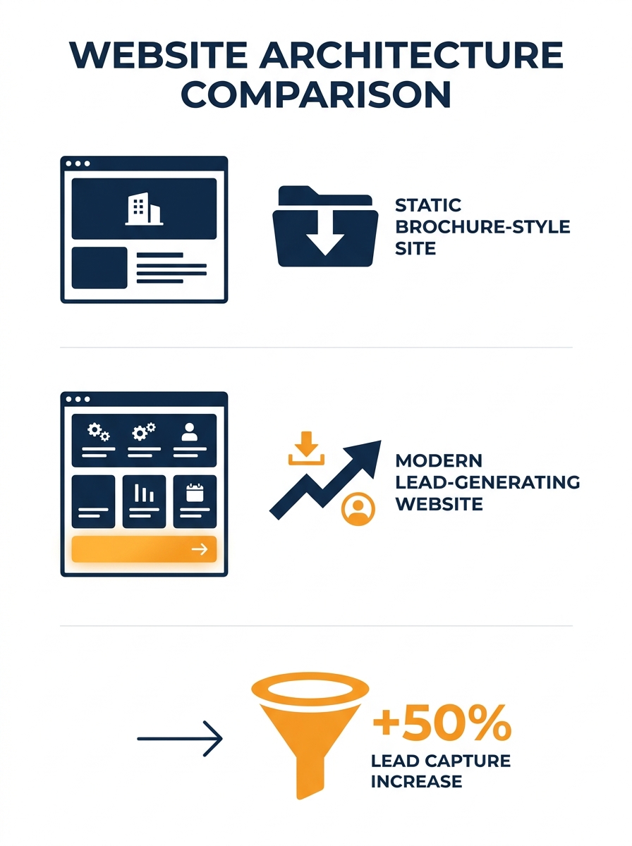 illustration of two side-by-side website layouts — one a static brochure-style architecture site with large hero image and minimal text, the other a modern lead-generating site with service pages, blo
