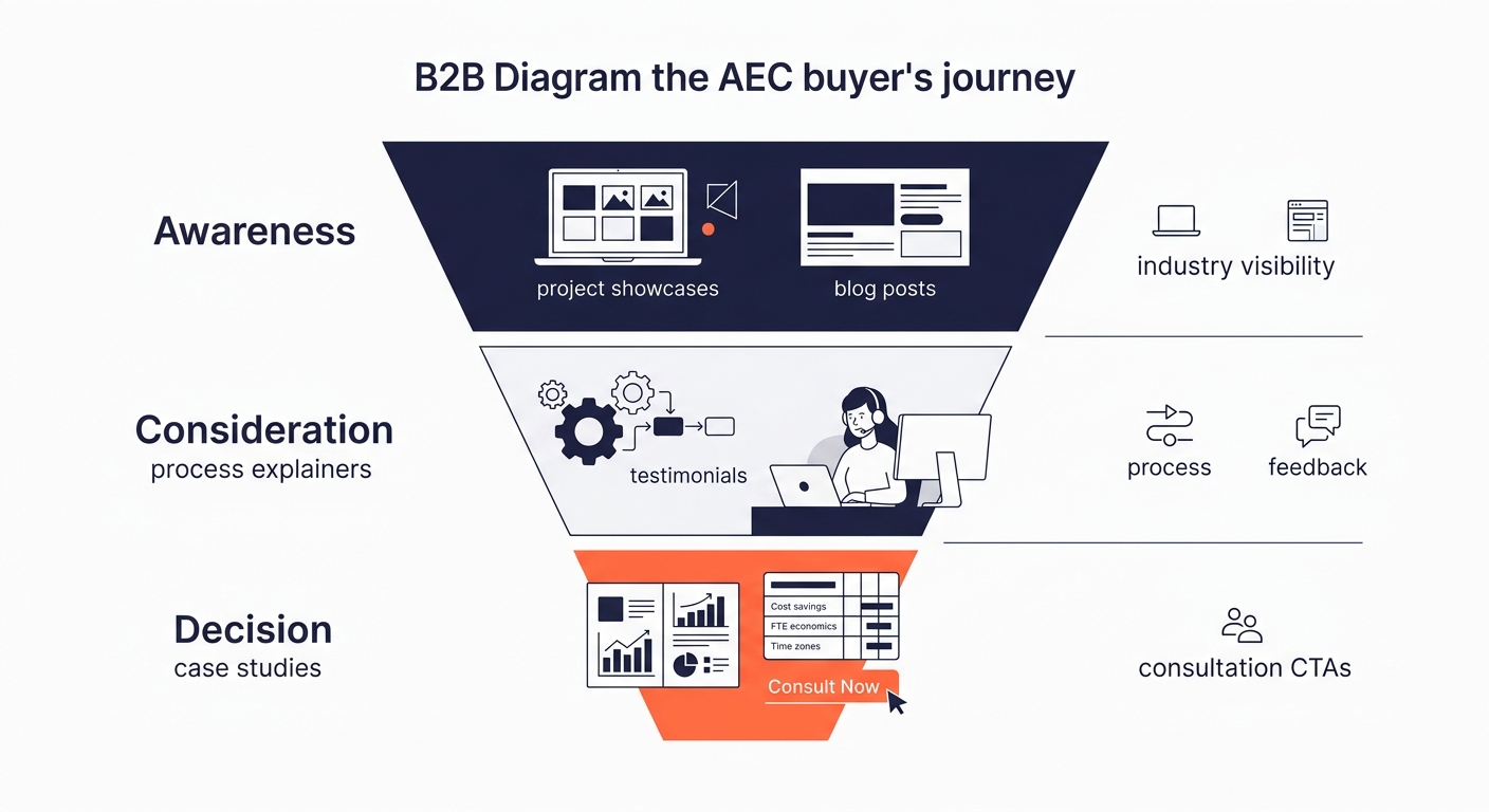 a funnel diagram showing the three stages of the AEC buyer's journey — Awareness at the top with project showcases and blog posts, Consideration in the middle with process explainers and testimonials,