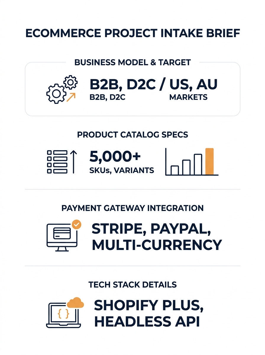 A structured intake brief document showing sections for business model, product catalog specs, payment requirements, and tech stack details, laid out as a clean form with filled-in example data for an