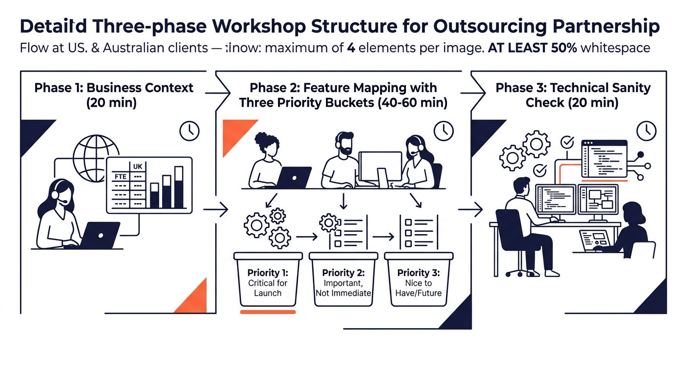 An infographic showing the three-phase workshop structure — Phase 1 Business Context (20 min), Phase 2 Feature Mapping with three priority buckets (40-60 min), and Phase 3 Technical Sanity Check (20 m