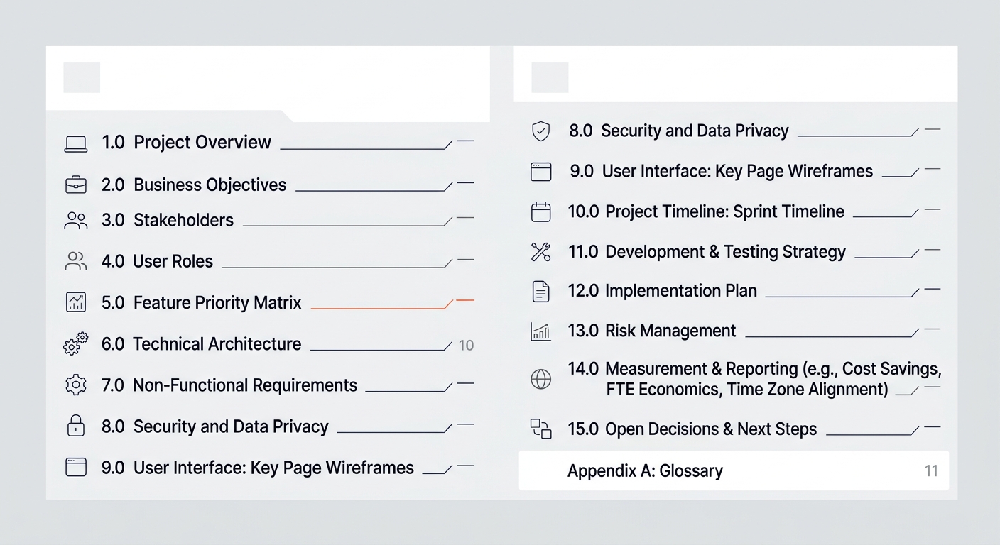 A sample requirements specification document table of contents showing sections like Feature Priority Matrix, Technical Architecture, User Roles, Key Page Wireframes, Sprint Timeline, and Open Decisio