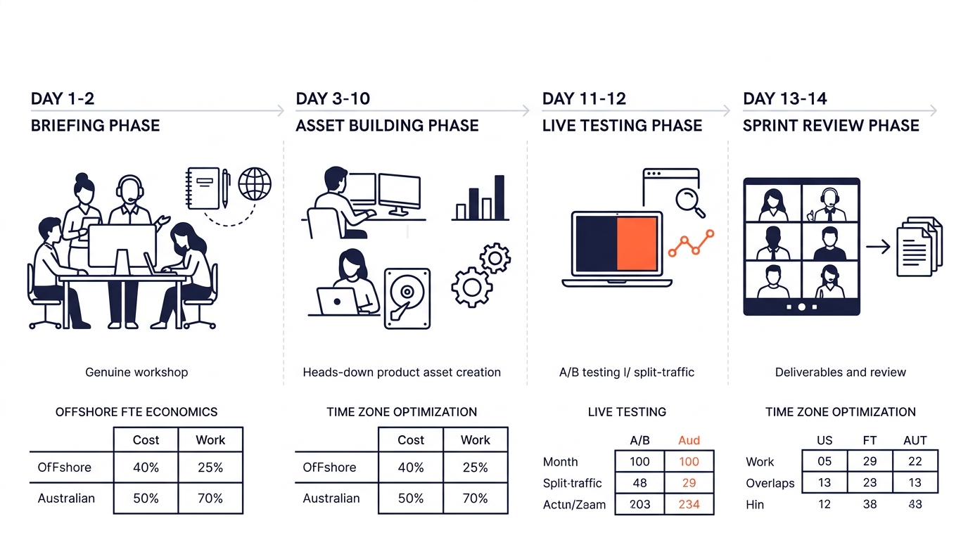 A timeline diagram showing a 14-day agile marketing sprint with offshore team roles mapped to each phase — briefing, asset building, live testing, and sprint review