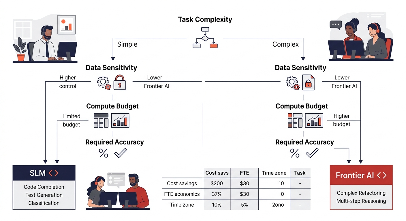 A decision tree diagram showing when to use small language models versus frontier AI models, with branches for task complexity, data sensitivity, compute budget, and required accuracy, leading to reco