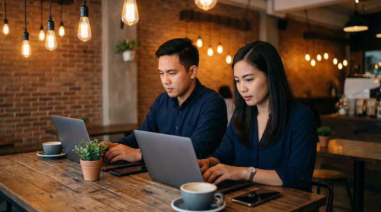 Two people sit at a wooden table in a cozy cafe, working on laptops. Warm lighting and brick walls create a focused yet relaxed atmosphere.