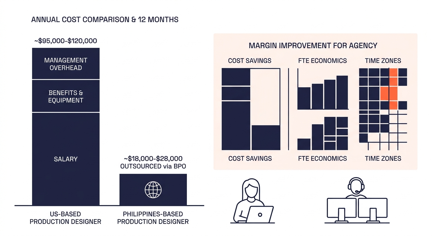 A bar chart comparing the annual cost of a US-based production designer (salary, benefits, equipment, management overhead totaling approximately $95,000-$120,000) versus a Philippines-based production