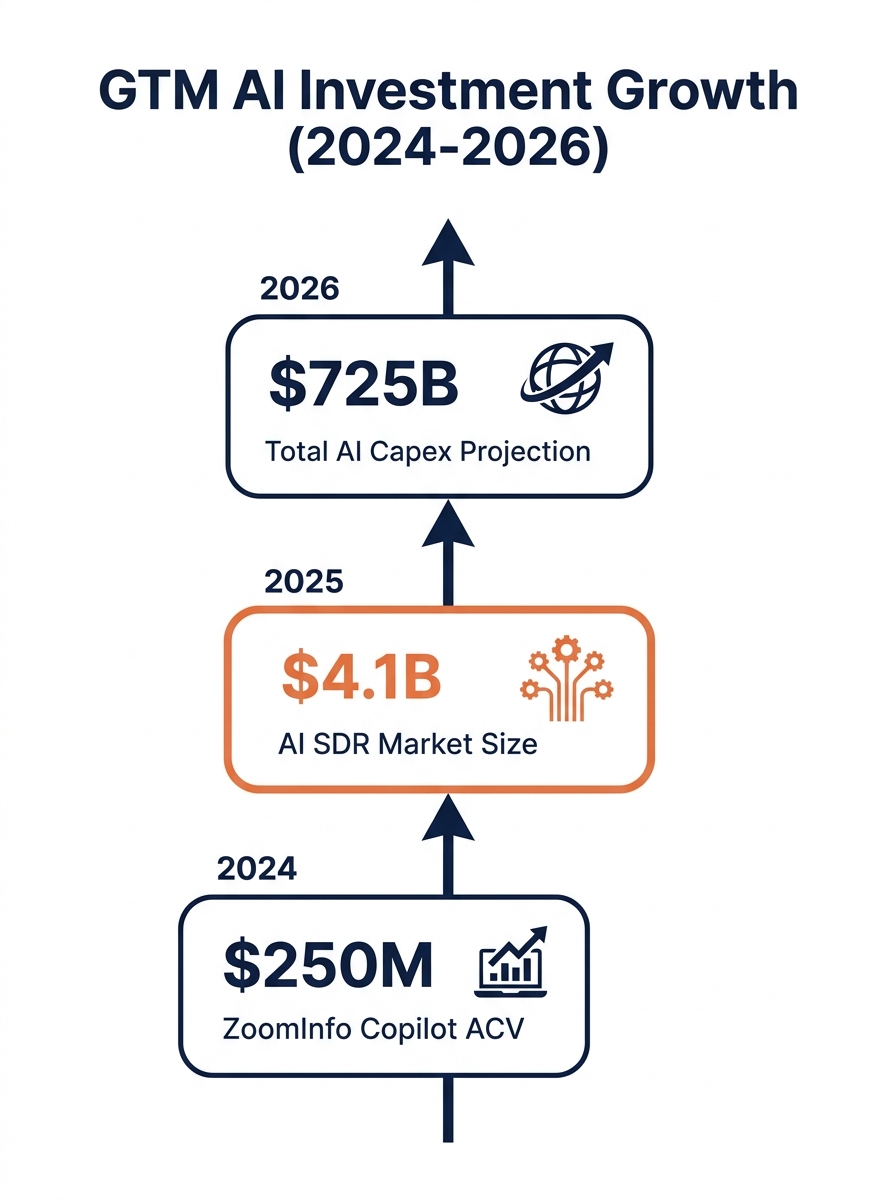 infographic showing the growth of GTM AI investment from 2024 to 2026, with key milestones including ZoomInfo Copilot's $250M ACV, the $4.1B AI SDR market, and $725B total AI capex projection, display
