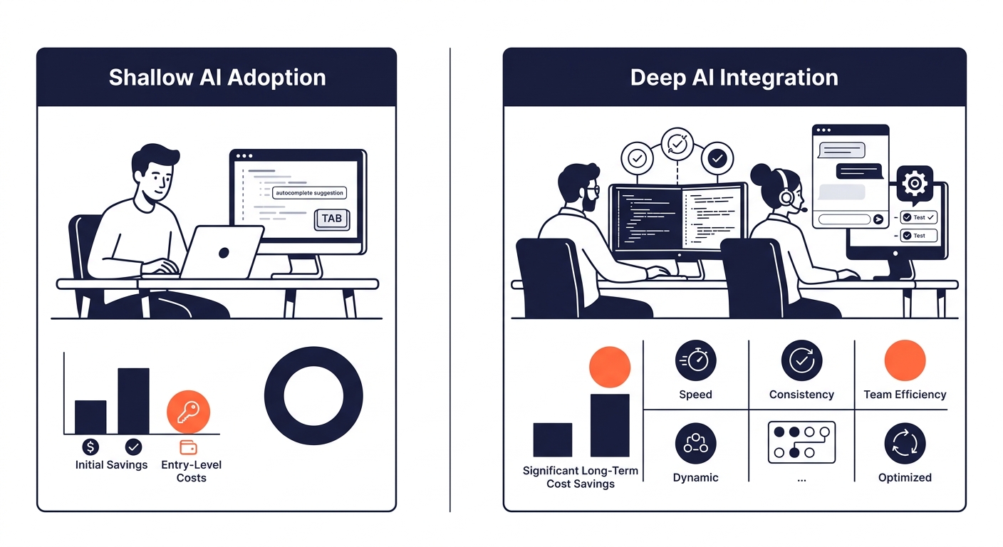Split comparison showing two Philippine dev team approaches - shallow AI adoption with basic autocomplete usage on the left versus deep AI integration with automated testing pipelines and agentic debu