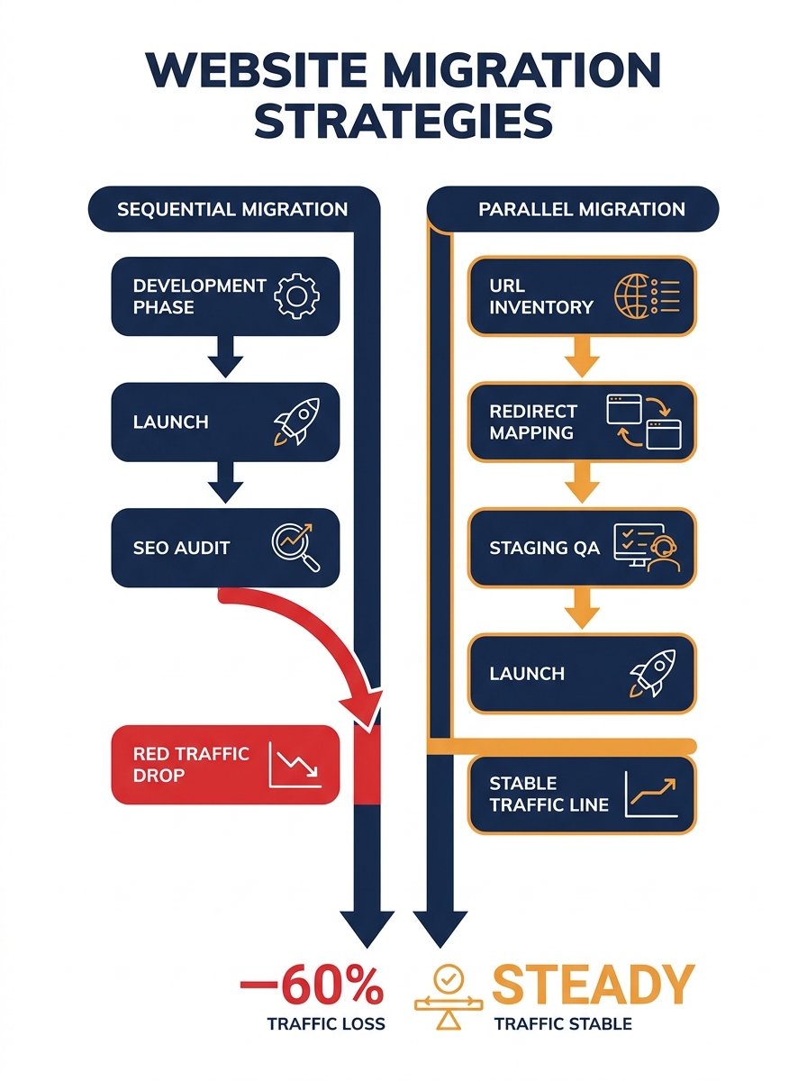 Infographic showing two parallel timelines — one labeled "Sequential Migration" where SEO audit happens after launch with a red traffic drop, and one labeled "Parallel Migration" where SEO audit runs 