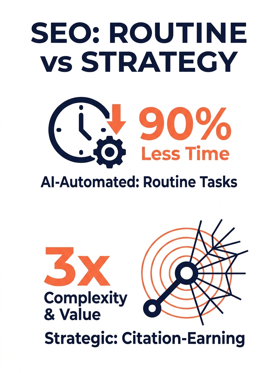a split-screen comparison showing routine SEO tasks on the left side compressed by AI automation with a shrinking clock icon, and strategic citation-earning tasks on the right side expanding with grow