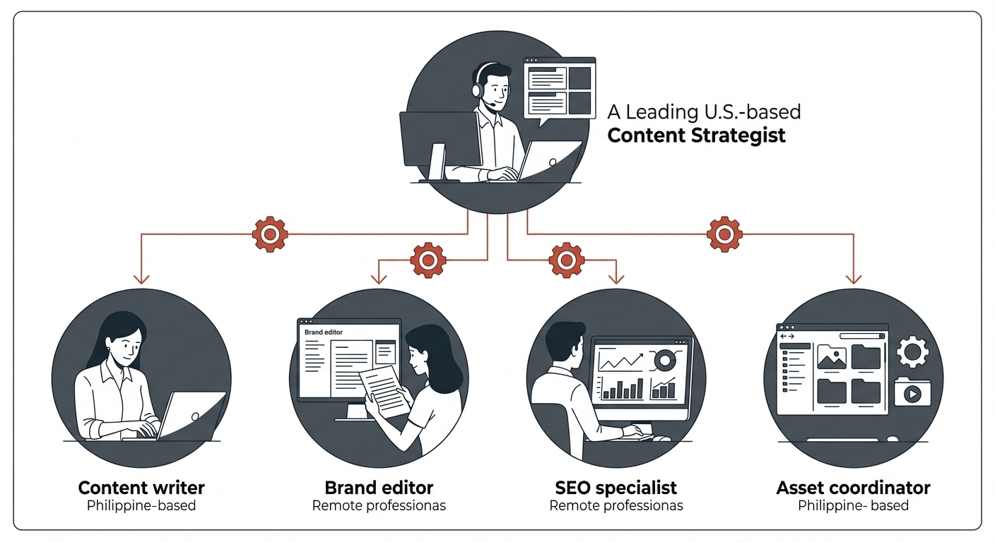A diagram showing the hybrid content model with a U.S.-based content strategist at the top connected by arrows to four Philippine-based roles below — content writer, brand editor, SEO specialist, and 