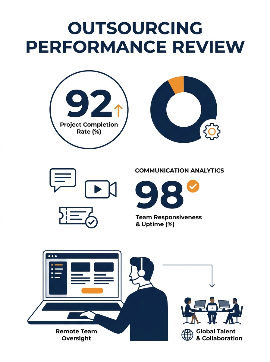 US business owner reviewing outsourcing team performance metrics on laptop with communication tools dashboard