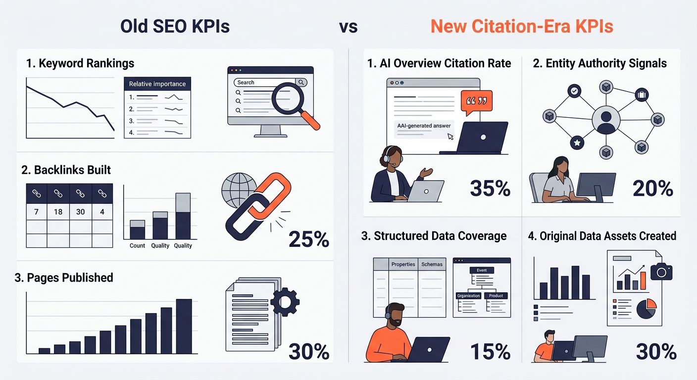 an infographic showing the shift from old SEO KPIs (keyword rankings, backlinks built, pages published) to new citation-era KPIs (AI Overview citation rate, entity authority signals, structured data c