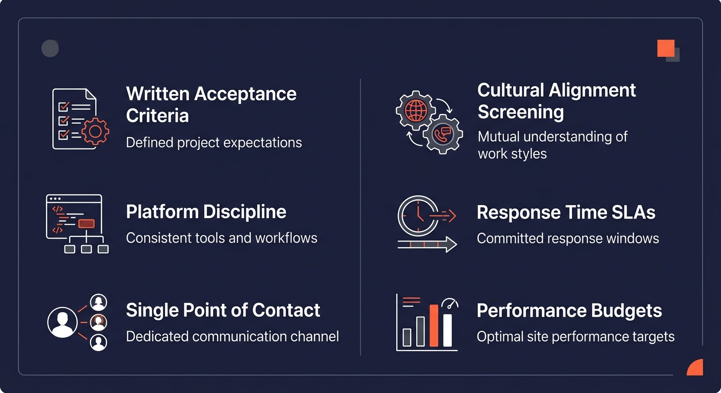 a visual checklist card design showing six communication protocol elements for outsourced web development arranged in two columns, each with an icon and brief description: written acceptance criteria,