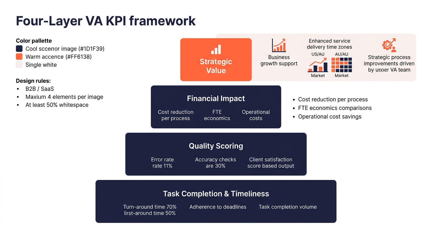 diagram showing the four layers of the VA KPI framework stacked as a pyramid, with task completion and timeliness at the base, quality scoring above it, financial impact next, and strategic value at t