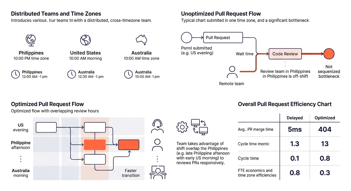 A workflow diagram showing a pull request lifecycle in a distributed team, with time zones marked — illustrating the delay pattern when reviews cross time-zone boundaries versus an optimized flow with