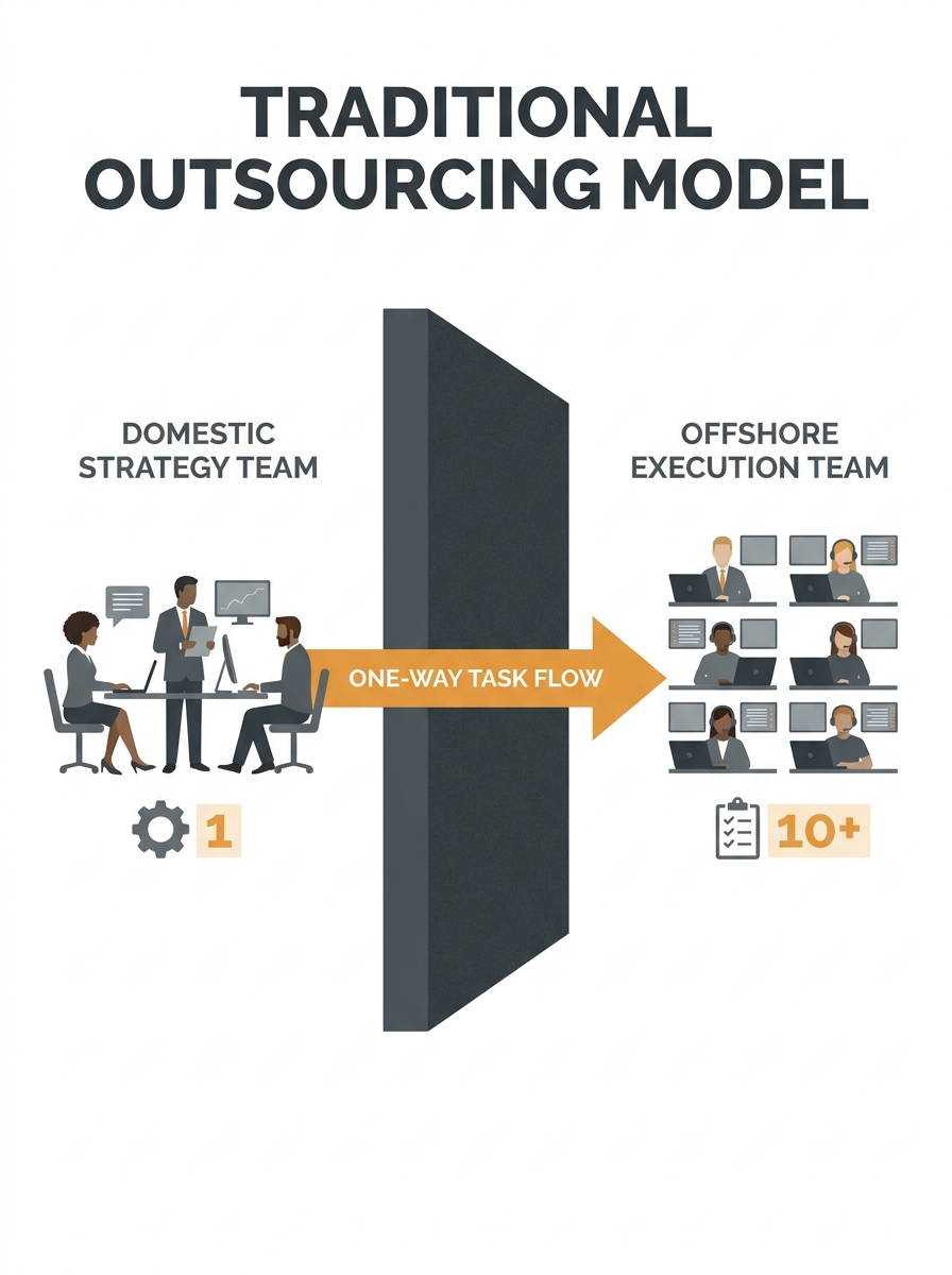 diagram showing the traditional outsourcing model with a clear wall between a domestic strategy team and an offshore execution team, with one-way task-flow arrows crossing the boundary