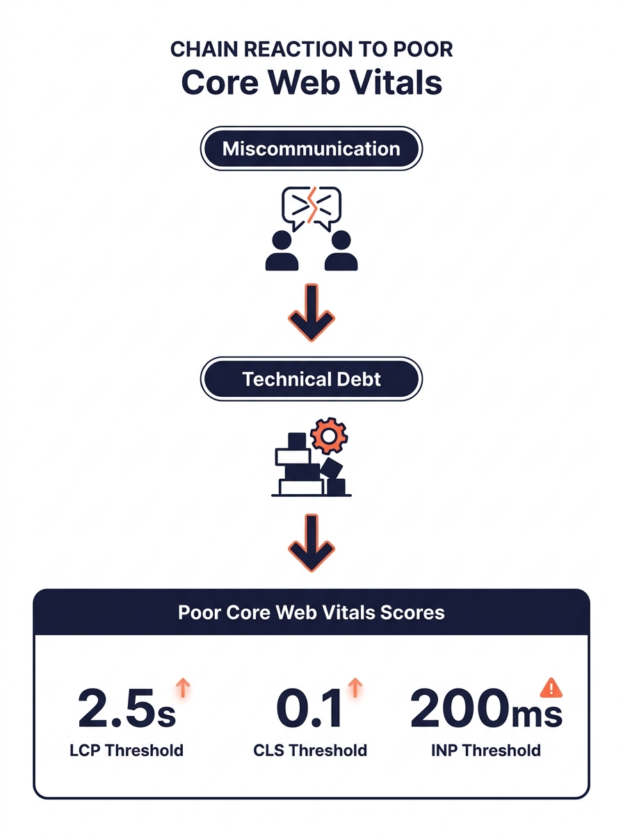 infographic showing a chain reaction flowchart from miscommunication to technical debt to poor Core Web Vitals scores, with specific metrics like LCP threshold of 2.5 seconds, CLS threshold of 0.1, an