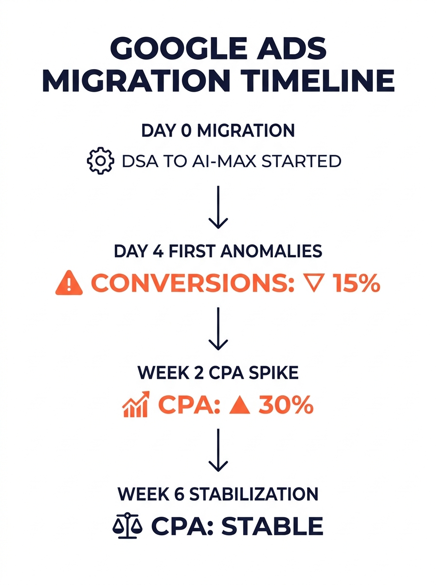 A timeline diagram showing the progression of a Google Ads DSA-to-AI-Max migration, with markers at Day 0 (migration), Day 4 (first anomalies), Week 2 (CPA spike), and Week 6 (stabilization), annotate