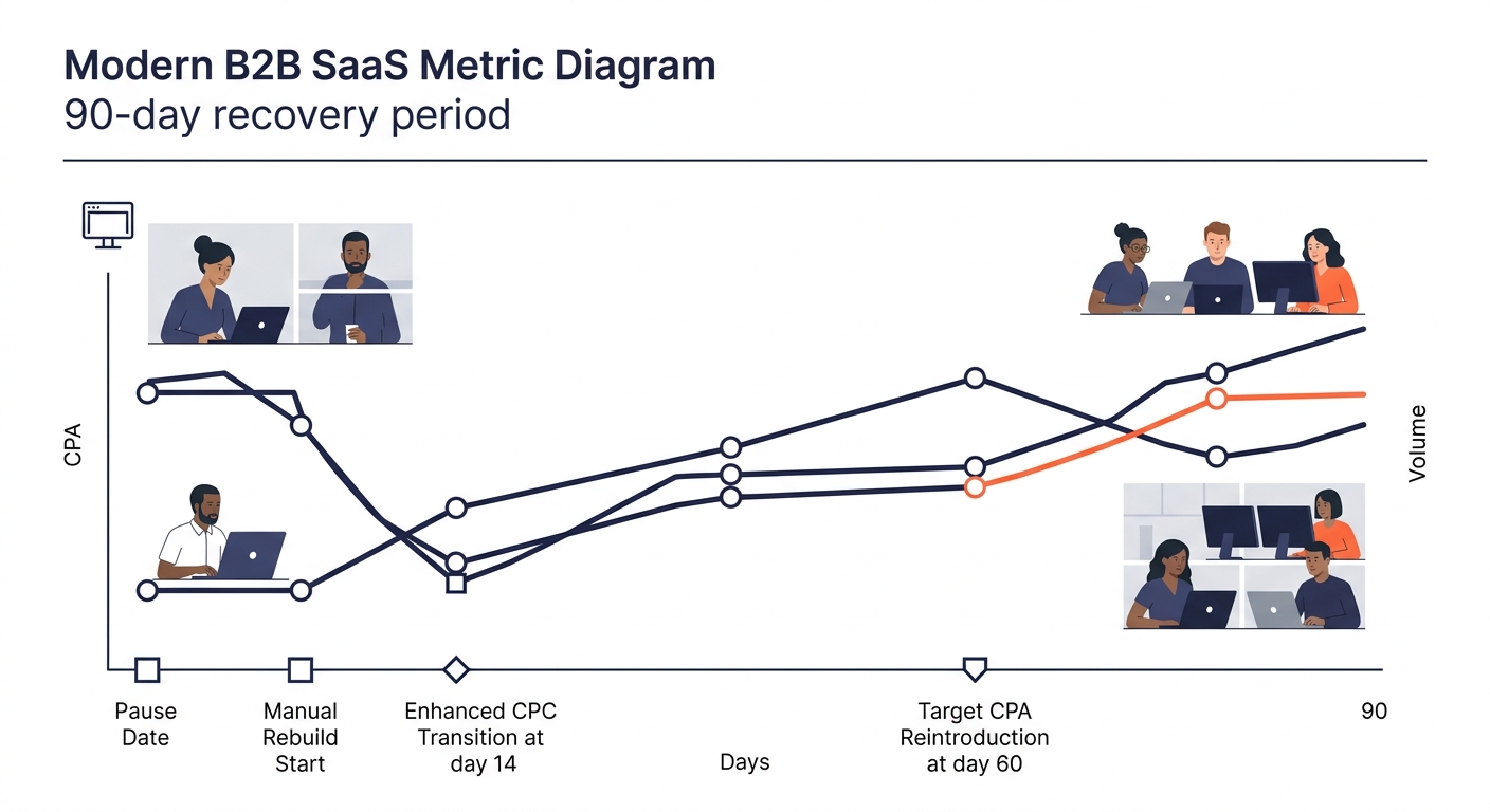 A line graph showing CPA and conversion volume over a 90-day recovery period, with clear markers for the pause date, manual rebuild start, Enhanced CPC transition at day 14, and Target CPA reintroduct