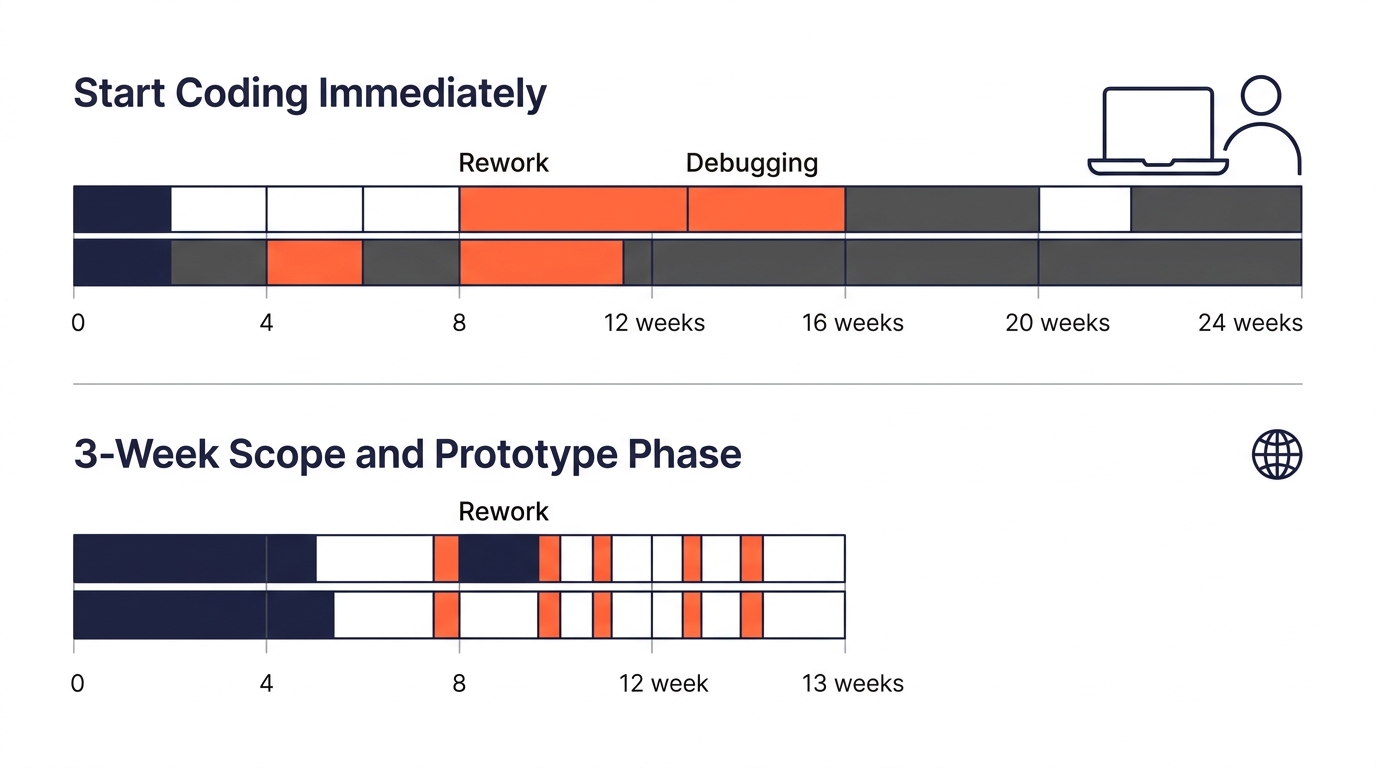 Horizontal bar chart comparing two project approaches labeled Start Coding Immediately showing a 24-week total timeline with highlighted rework and debugging periods consuming 8 weeks, versus 3-Week S