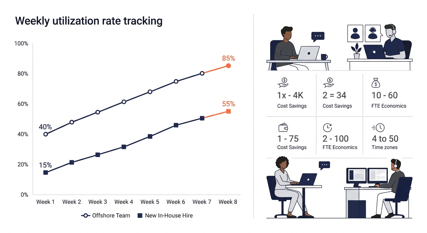A dashboard-style mockup showing weekly utilization rate tracking for two teams — an offshore team trending upward from 40% in week 1 to 85% by week 8, and a new in-house hire trending from 15% in wee