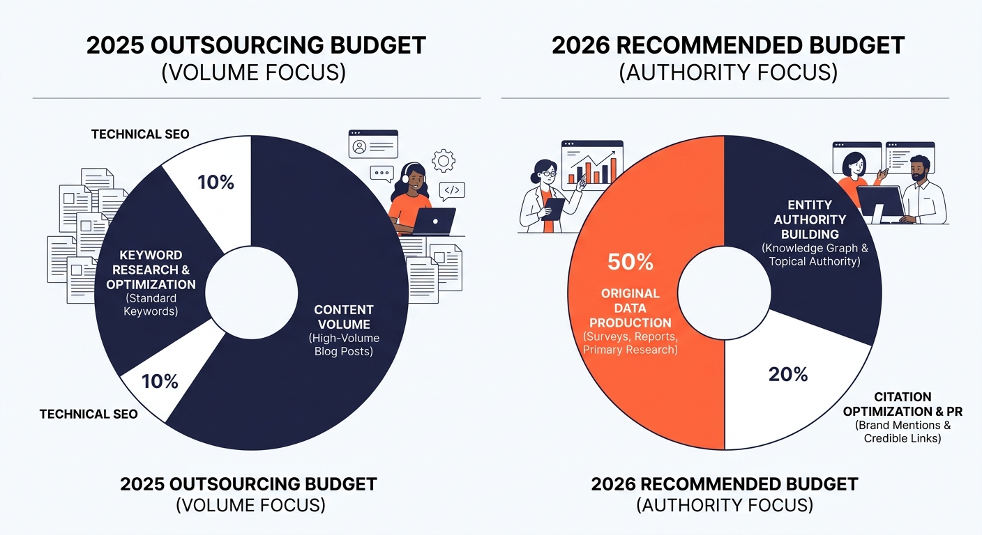 a budget allocation diagram showing a 2025 SEO outsourcing budget pie chart heavily weighted toward keyword research and content volume, contrasted with a recommended 2026 budget pie chart weighted to