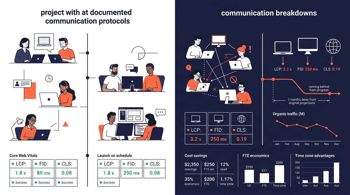 a split-screen timeline comparison showing two outsourced web projects side by side, one with documented communication protocols launching on schedule with green Core Web Vitals metrics, and one with 