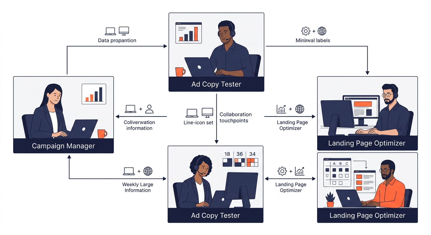 Diagram showing three specialist roles in an outsourced PPC team — campaign manager, ad copy tester, and landing page optimizer — with arrows showing their weekly workflow and collaboration touchpoint