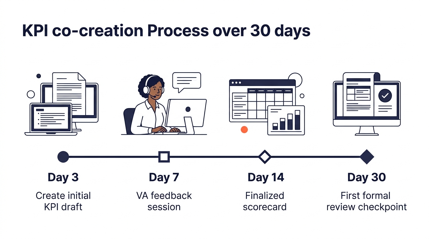 a horizontal timeline illustration showing the KPI co-creation process across the first 30 days, with milestones for the initial KPI draft at day 3, VA feedback session at day 7, finalized scorecard a