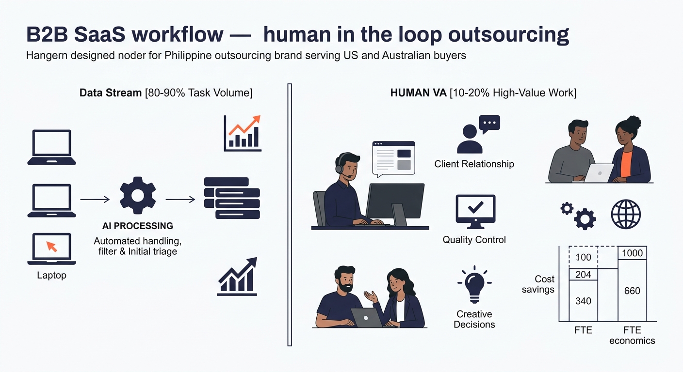Workflow diagram illustrating the human-in-the-loop outsourcing model where AI handles initial processing, triage, and first drafts covering 80-90% of task volume while human VAs handle exceptions, cl