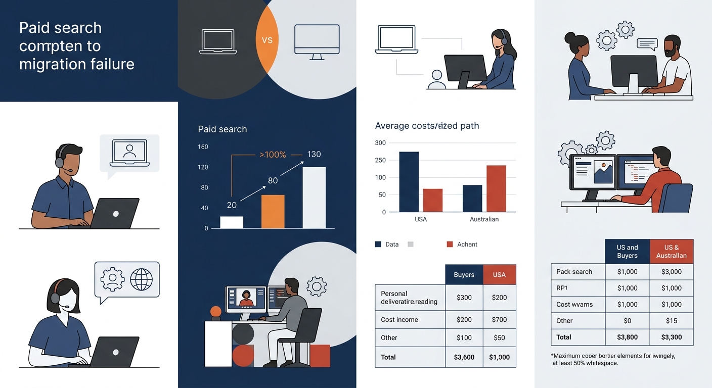 An infographic comparing two paths after a paid search migration failure — Path A shows incremental fixes like adjusting bids and adding negatives leading to continued CPA decline over 6 months, while