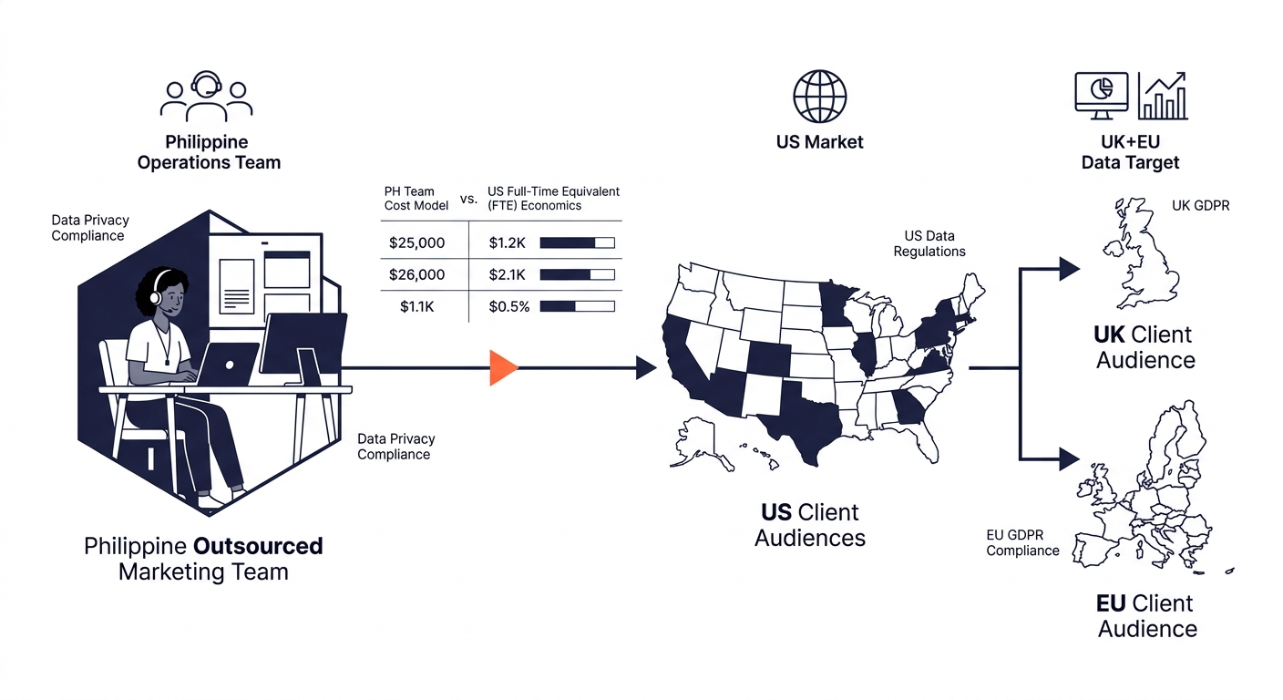 A map-style diagram showing data flow from a Philippine outsourced marketing team to client audiences in the US (multiple states highlighted), UK, and EU, with regulatory labels at each endpoint