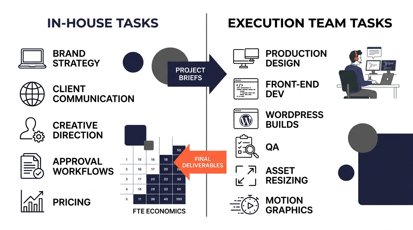 An infographic showing a two-column comparison of tasks that stay in-house (brand strategy, client communication, creative direction, approval workflows, pricing) versus tasks sent to execution teams 