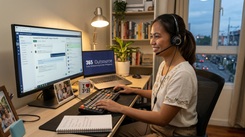 A Female Filipino Customer Service Representative using her computer at her home office