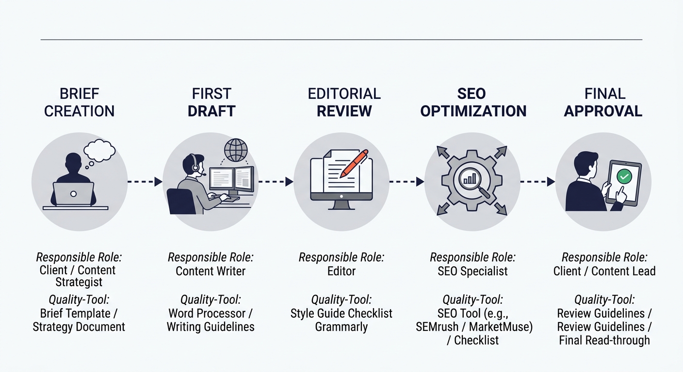 A flowchart showing a content production pipeline with five sequential stages — brief creation, first draft, editorial review, SEO optimization, and final approval — each stage labeled with the respon