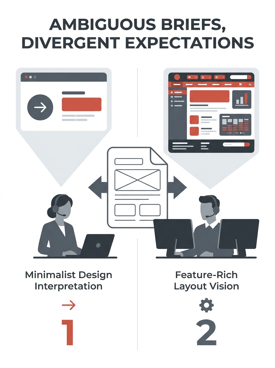 A split-screen illustration showing two people looking at the same wireframe document — one person sees a minimalist design interpretation while the other imagines a feature-rich layout, representing 