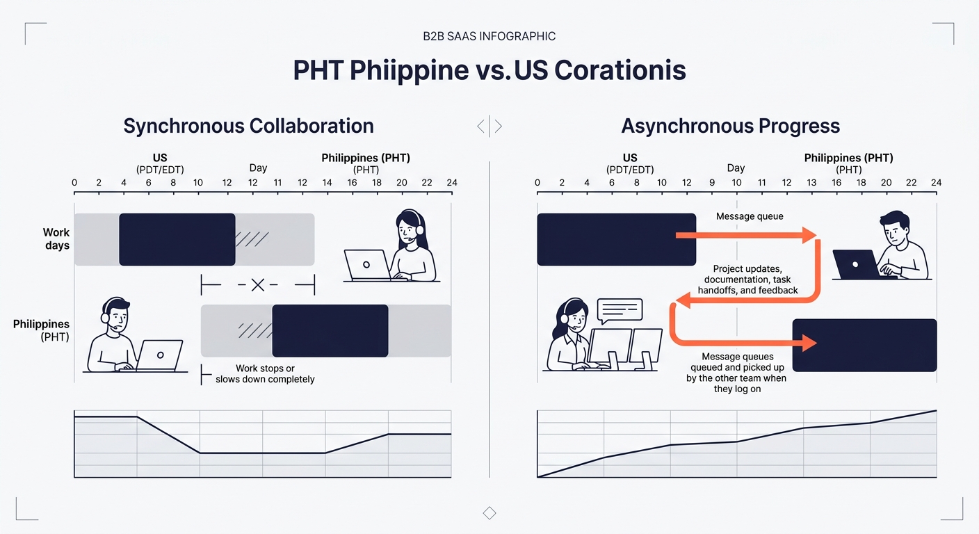 Side-by-side comparison diagram showing two timelines for US and Philippine work days — the left side shows a synchronous model where work stops during non-overlapping hours, the right side shows an a