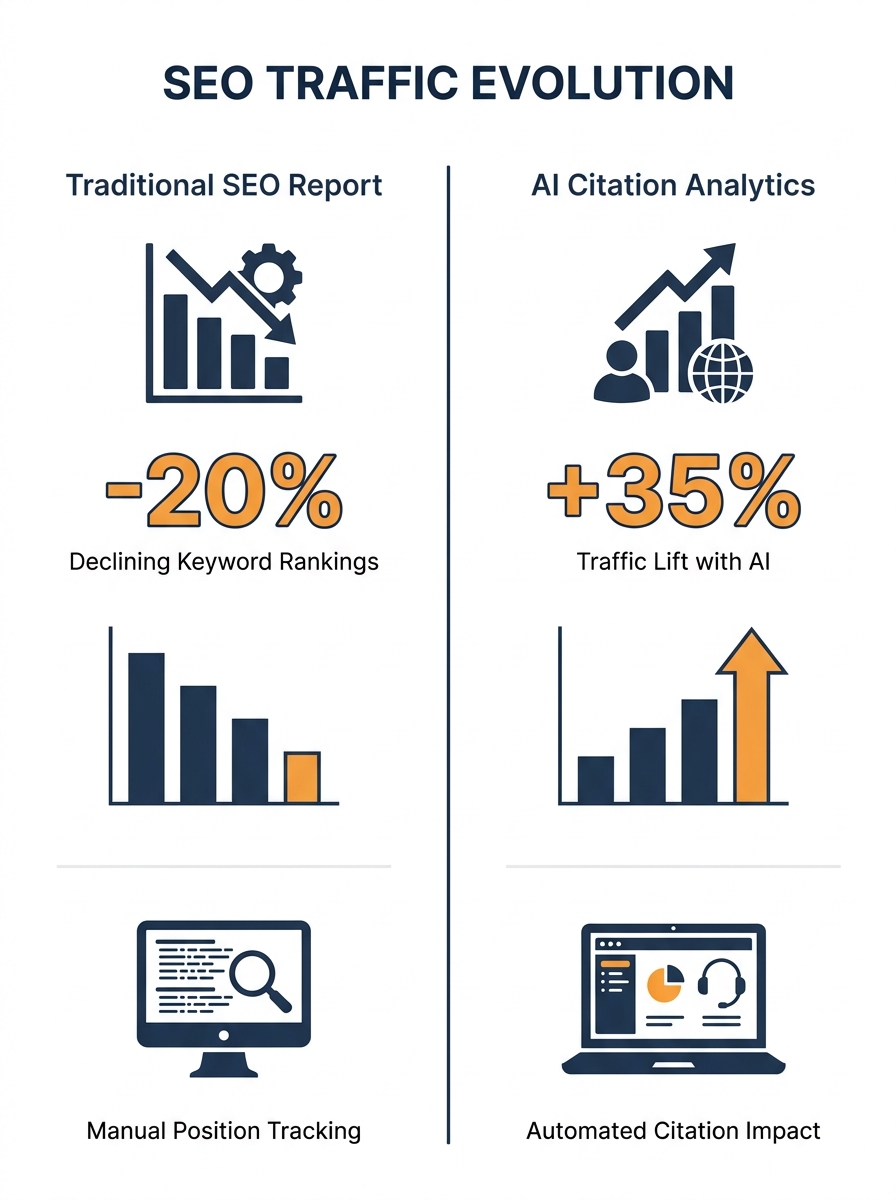 Split-screen comparison showing traditional SEO keyword rankings report versus AI Overview citation analytics dashboard with traffic lift metrics