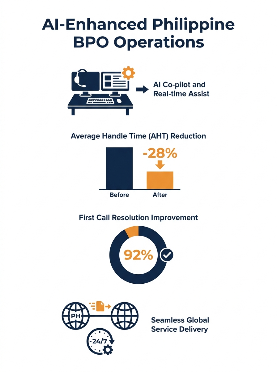 Philippine BPO call center floor with AI-equipped workstations and performance dashboards