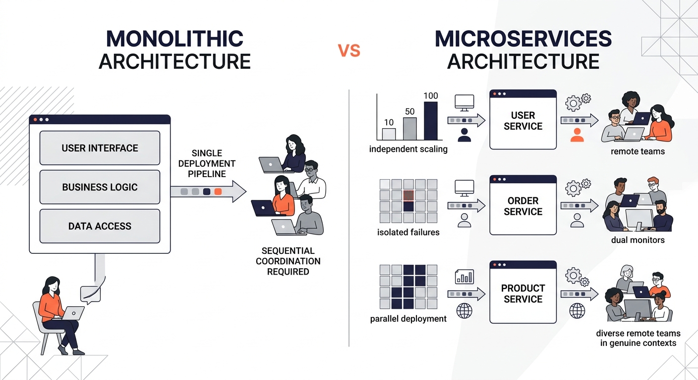 infographic comparing monolithic architecture (single deployment pipeline, sequential coordination required) versus microservices architecture (independent service deployments, parallel work possible)