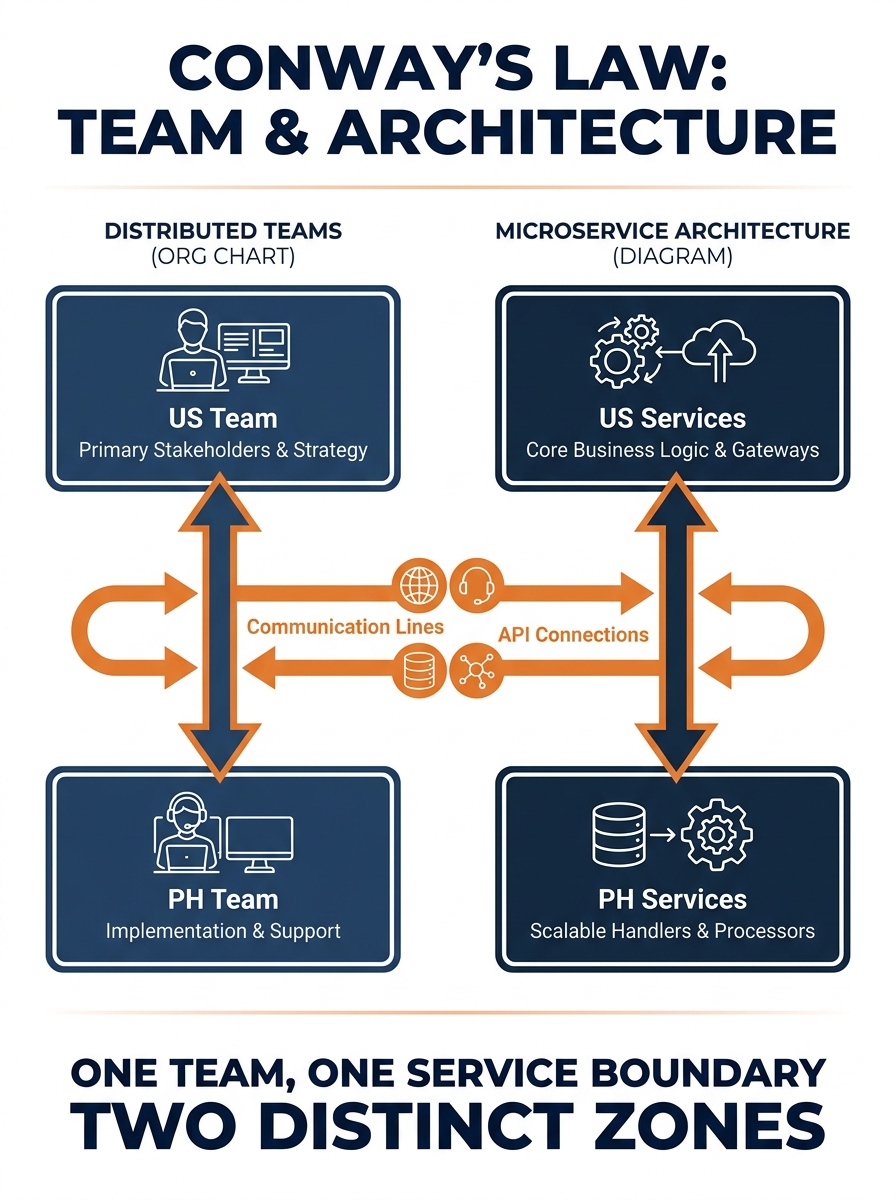 Infographic showing Conway's Law applied to distributed teams — left side shows a US and Philippine team org chart with labeled communication lines, right side shows a corresponding microservice archi