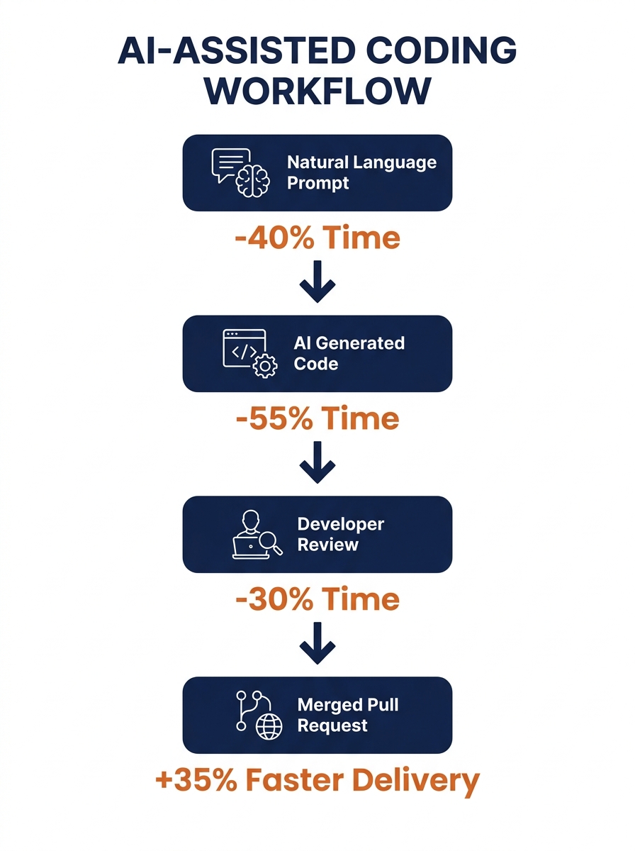 diagram showing the AI-assisted coding workflow from natural language prompt to generated code to developer review to merged pull request, with time savings noted at each step