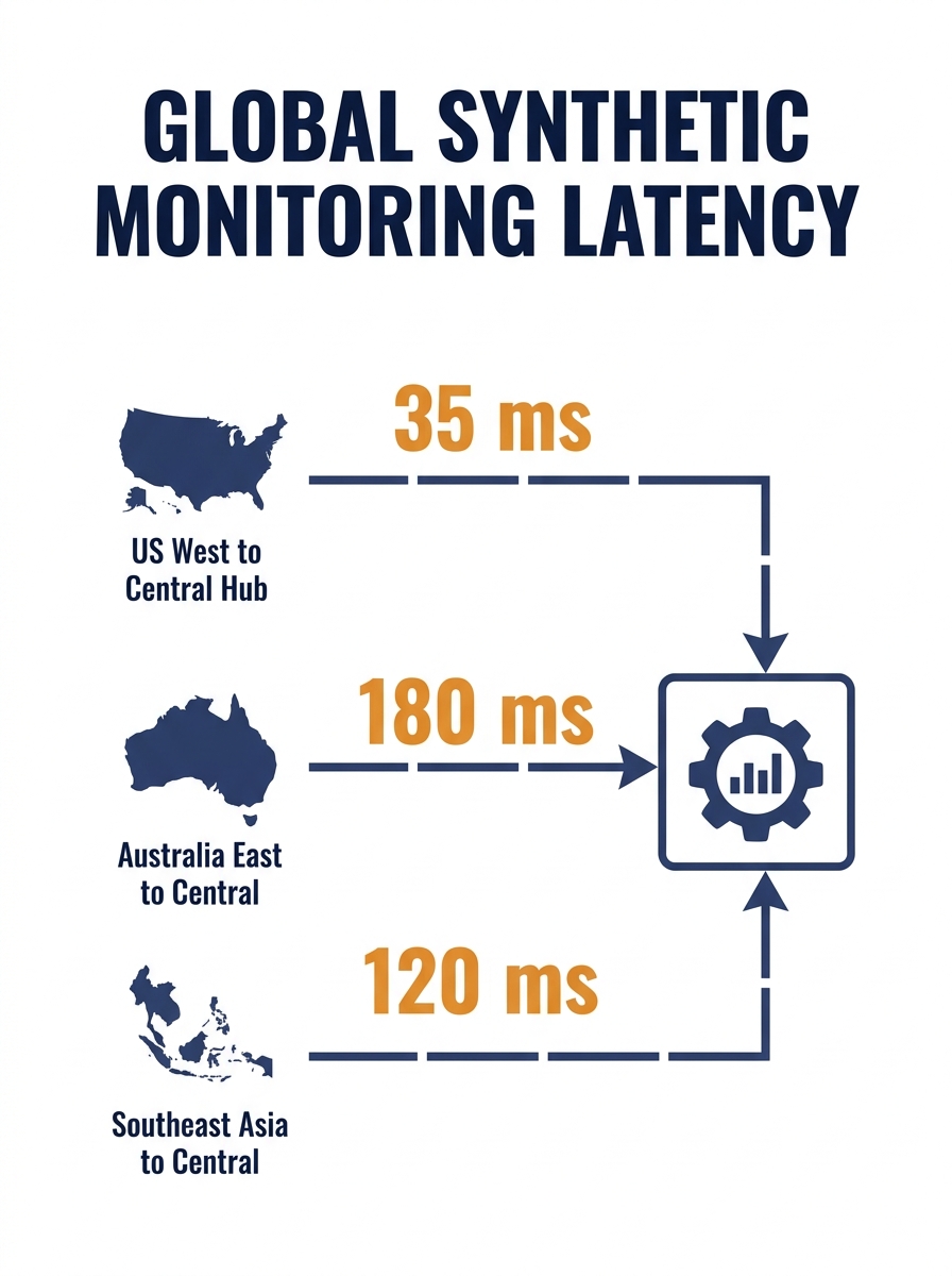 A world map showing synthetic monitoring nodes in US, Australia, and Southeast Asia, with latency measurements displayed between each node and a central server location