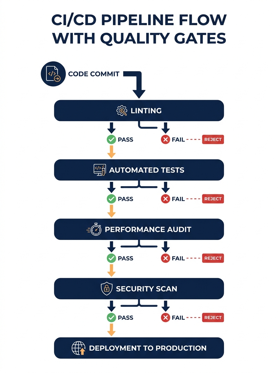 Infographic showing a CI/CD pipeline flow with automated quality gates - code commit on the left flowing through sequential stages of linting, automated tests, performance audit, and security scan, wi