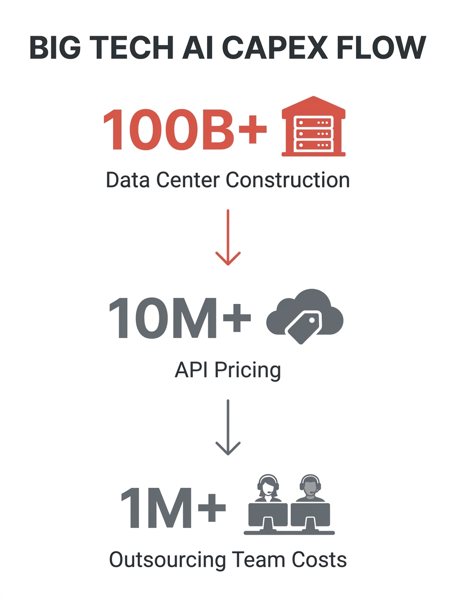 Infographic showing the downstream flow of Big Tech AI capital expenditure, from data center construction through API pricing to outsourcing team operational costs, with dollar figures at each tier