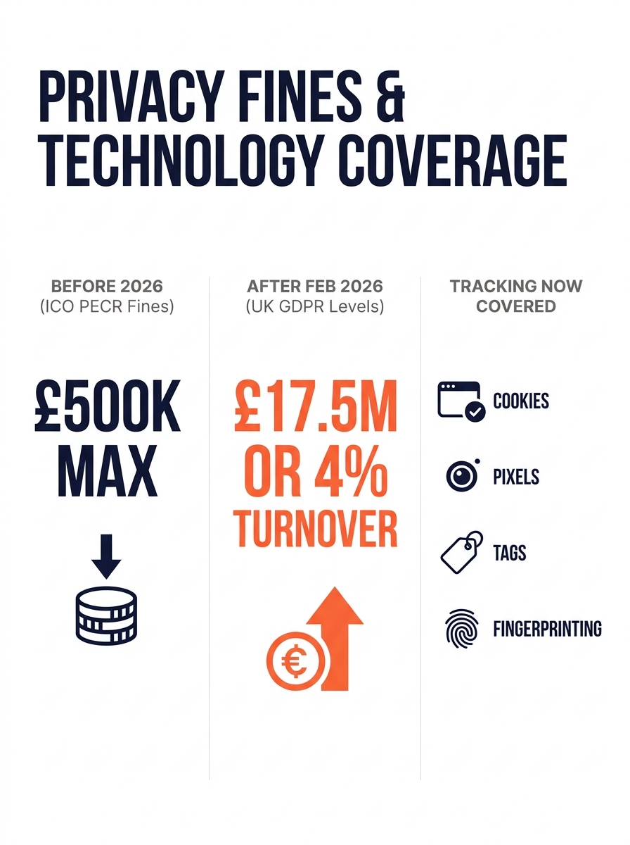 Infographic showing three columns comparing ICO PECR fine limits before 2026 (£500K max), UK GDPR levels after February 2026 (£17.5M or 4% turnover), and the types of tracking technologies now covered