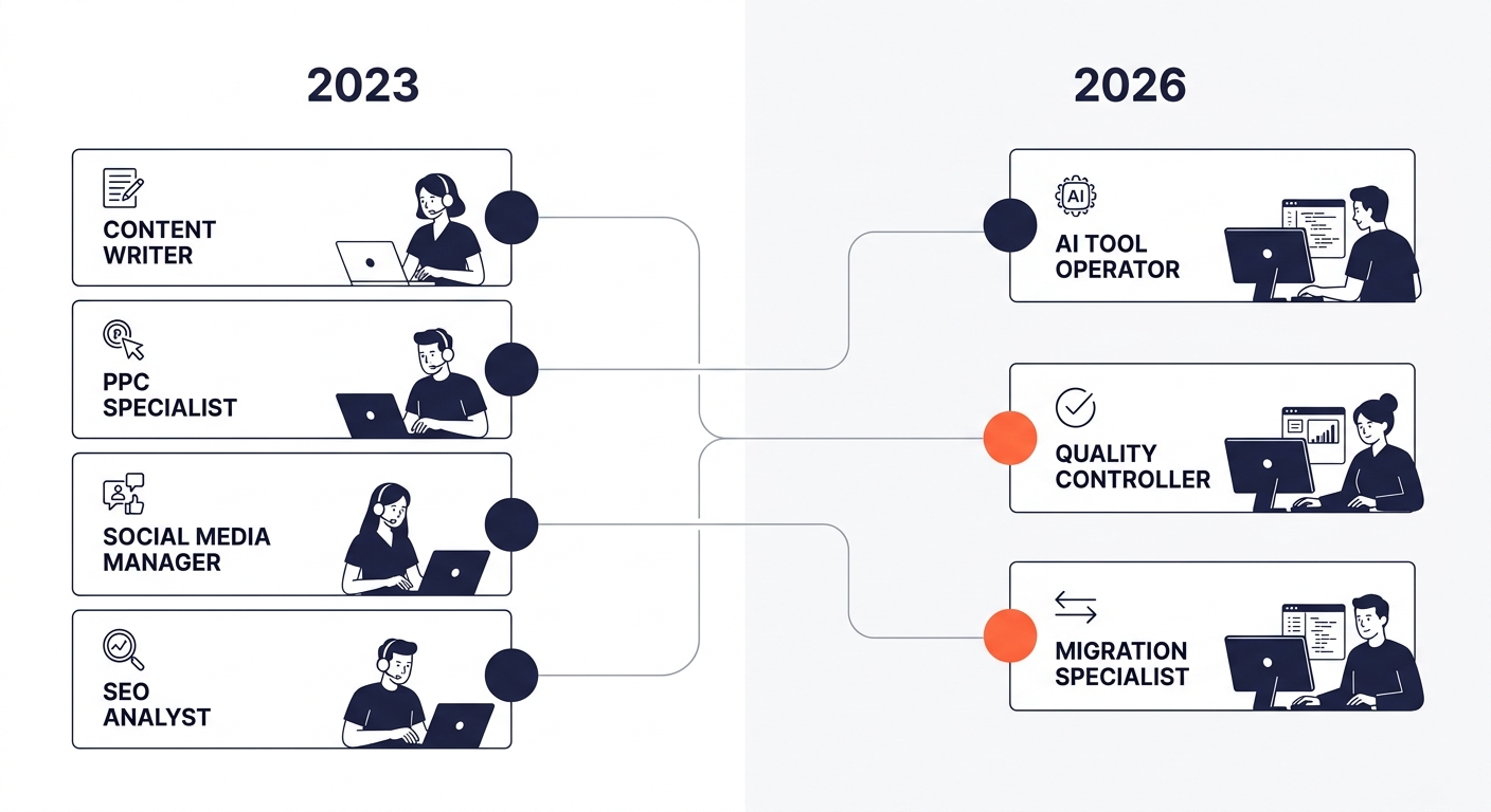a side-by-side comparison showing the 2023 outsourced marketing team structure with roles like content writer, PPC specialist, social media manager, and SEO analyst on one side, versus the 2026 outsou