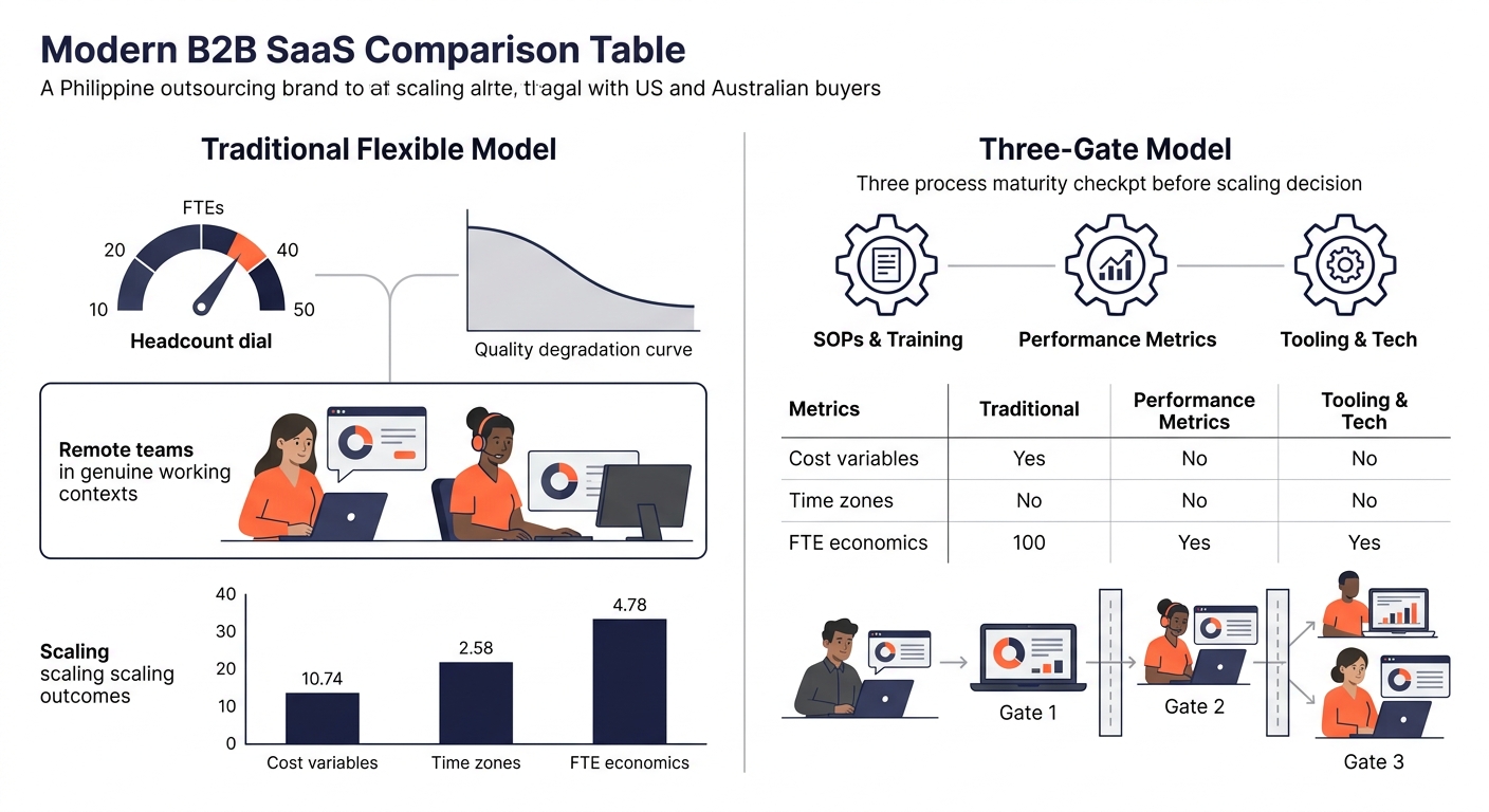 Side-by-side comparison of two scaling approaches in a visual table format showing the traditional flexible model with a headcount dial and quality degradation curve versus the Three-Gate Model with p