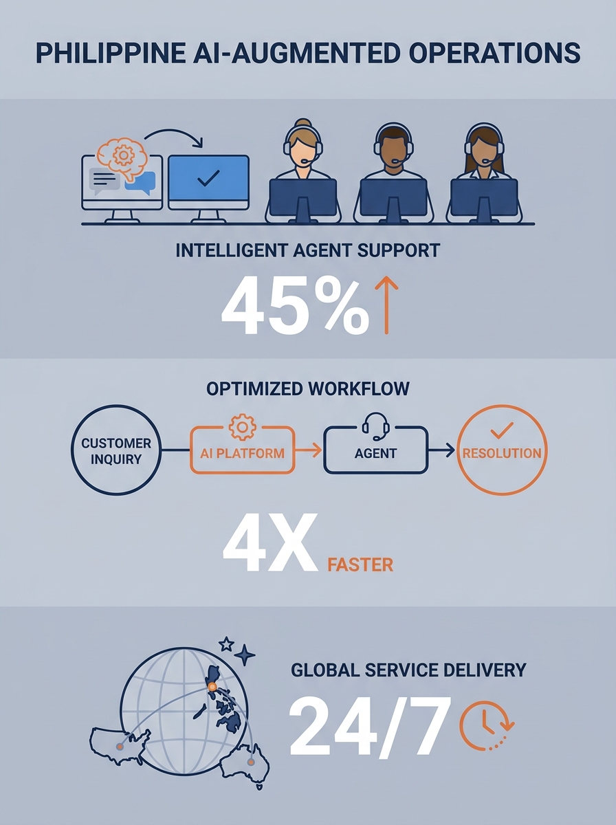 Philippine call center operations floor showing agents working with AI-augmented customer service platforms